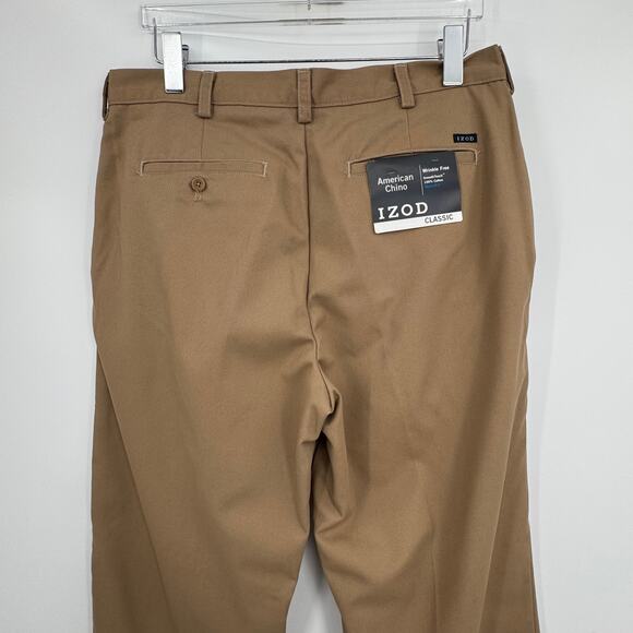 Izod pants men's 36x32 classic American chino flat front khaki wrinkle free NEW - Picture 4 of 7